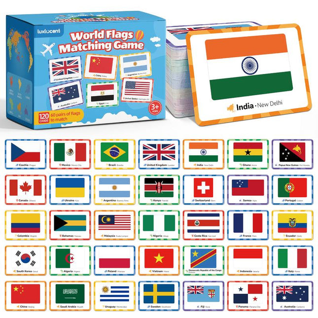 120PCS World Flags Memory Matching Game – Educational Geography Card Game for Kids & Adults, Color-Coded by Continent, Learn Flags, Countries & Capitals