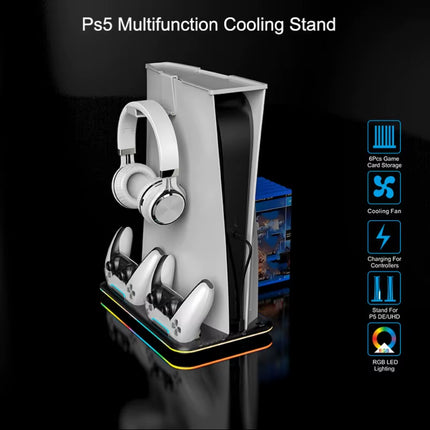 PS5 Game Console Multi-Function RGB Light Cooling Fan Base Disc Holder Dual Controller Charger - Gaming Accessory