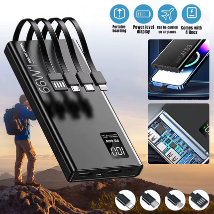 20000Mah Power Bank 66W Super Fast Charging for 20W Built-In 4 Cables Portable Digital Powerbank External Battery