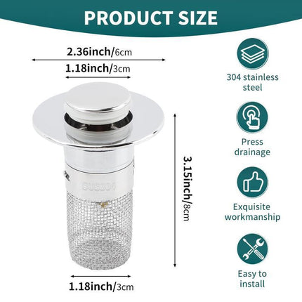 Sink Drain Strainer Pop-Up Stopper with Removable Stainless Steel Basket Hair Catcher Bathroom for Replacement
