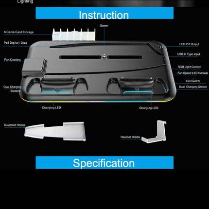 PS5 Game Console Multi-Function RGB Light Cooling Fan Base Disc Holder Dual Controller Charger - Gaming Accessory