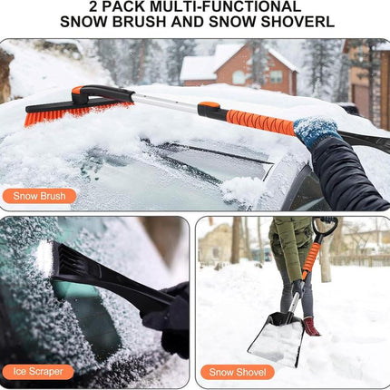 Odoland Ice Scraper with Snow Brush and Snow Shovel, 35" Extendable Snow Remover with Foam Grip, 360° Pivoting Brush Head for Car Windshield, Emergency Snow Scraper for SUV Truck Vehicle, Orange
