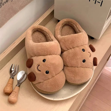Winter Couple Home Slippers Fun Cute Croissant Non-Slip Thick-Soled Cotton Slippers for Men Women Comfortable Soft Home Slippers