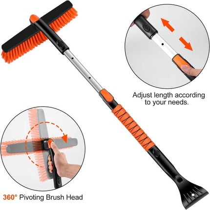 Odoland Ice Scraper with Snow Brush and Snow Shovel, 35" Extendable Snow Remover with Foam Grip, 360° Pivoting Brush Head for Car Windshield, Emergency Snow Scraper for SUV Truck Vehicle, Orange