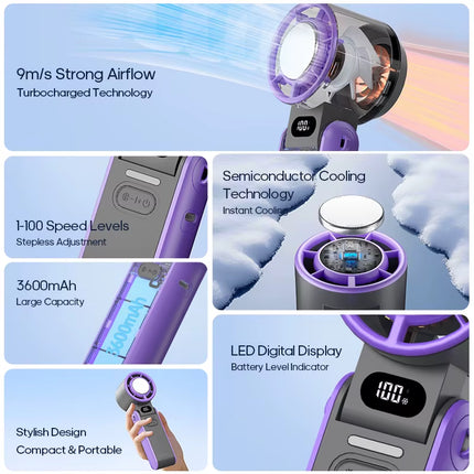 Outdoor Foldable Portable Handheld Fan Mini Cooling Rechargeable 3600Mah 100-Level Free Control High Speed Turbo Fan
