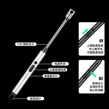 360° Electric Arc BBQ Lighter USB Windproof Flameless Plasma Ignition Long Kitchen Lighters Gas Lighter for Candle Gas Stove