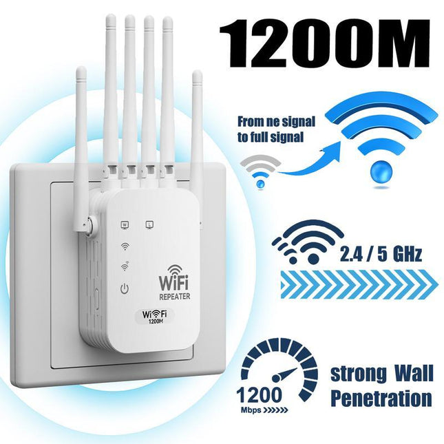 Wifi Extender 2026 6-Antenna Strong Signal, 1200Mbps Dual Band (5Ghz/2.4Ghz) Booster, Covers 12,000 Sq. Ft & 100 Devices, Repeater with Gigabit Port & AI Connectivity, Ideal for Home Studios, Remote Workspaces, VR Areas