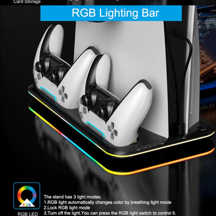 PS5 Game Console Multi-Function RGB Light Cooling Fan Base Disc Holder Dual Controller Charger - Gaming Accessory