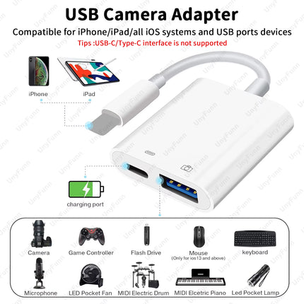 OTG Adapter with Charging Port for Iphone Trail Camera Adapter for Lighting USB Adapter for Iphone Card Reader USB Flash Stick