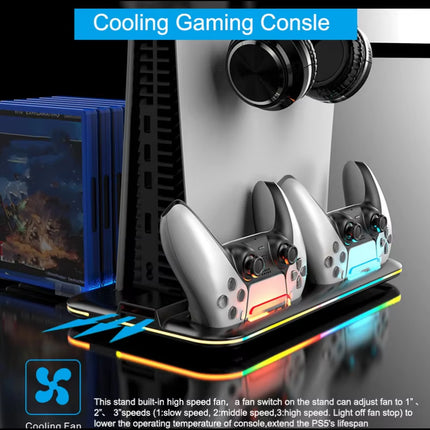 PS5 Game Console Multi-Function RGB Light Cooling Fan Base Disc Holder Dual Controller Charger - Gaming Accessory