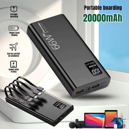 20000Mah Power Bank 66W Super Fast Charging for 20W Built-In 4 Cables Portable Digital Powerbank External Battery
