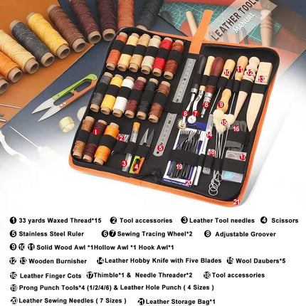 Leather Working Tools Practical Leather Craft Kit with Waxed Thread Awl Stitching Punch Hole for Leathercraft Beginner or Adults