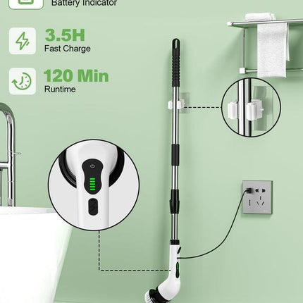 Electric Spin Scrubber Cordless Cleaning Brush with 9 Floor Machine Pads 2H Power Dual Speed Adjustable Extension Handle IPX7 Waterproof for Floor Carpet Tub Tile Car O-White