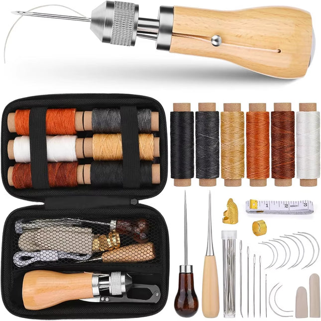 Leather Working Tools Practical Leather Craft Kit with Waxed Thread Awl Stitching Punch Hole for Leathercraft Beginner or Adults