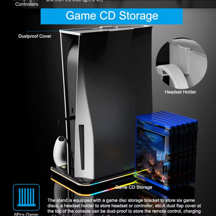 PS5 Game Console Multi-Function RGB Light Cooling Fan Base Disc Holder Dual Controller Charger - Gaming Accessory