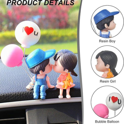 Cute Couple Car Dashboard Decorations, Lovely Couple Kiss Cartoon Figurines Car Ornament, Resin Material Boy Girl Car Interior Decoration with Balloon for Car Dashboard Gifts