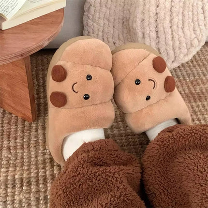 Winter Couple Home Slippers Fun Cute Croissant Non-Slip Thick-Soled Cotton Slippers for Men Women Comfortable Soft Home Slippers