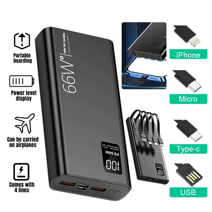 20000Mah Power Bank 66W Super Fast Charging for 20W Built-In 4 Cables Portable Digital Powerbank External Battery