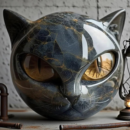 Decorative Black Cat Stone Figurine Resin Cat Head Healing Stone Marble Texture Cat Stone Keepsake Gift Office Desk Cats Decor