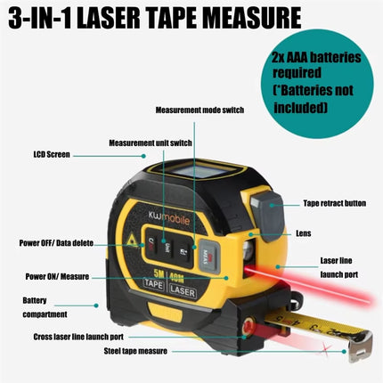 3 in 1 Laser Distance Meter Tape Measure Cross-Line Laser Ruler with Data Storage Vertical Crosshair Rangefinder 40/60M Range