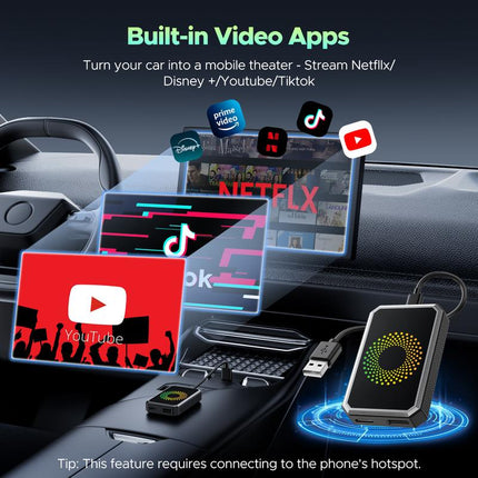 【Christmasgifts】Lamtto Wired to Wireless Carplay Adapter Supports Netflix/Youtube/Tiktok APP to Play Vedio on a Car Screen (Do Not Support Vehicles with Built-In Wireless Carplay) ,Your Entertainment Co-Pilot on the Road!
