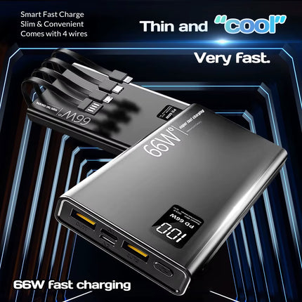20000Mah Power Bank 66W Super Fast Charging for 20W Built-In 4 Cables Portable Digital Powerbank External Battery