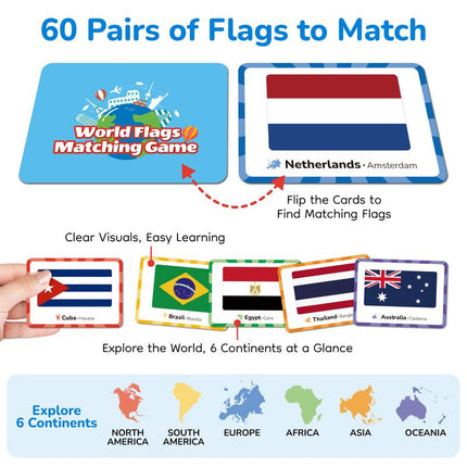 120PCS World Flags Memory Matching Game – Educational Geography Card Game for Kids & Adults, Color-Coded by Continent, Learn Flags, Countries & Capitals