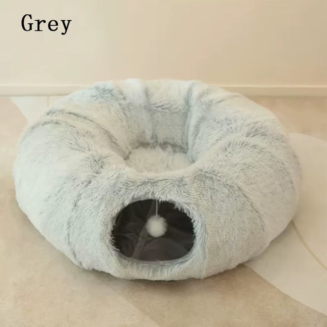 2 in 1 Cat Tunnel Toy Foldable round Kitten Bed Pet Nest House Funny Soft Long Plush Sofa Dog Puppy Sleeping Mat Kennel Portable