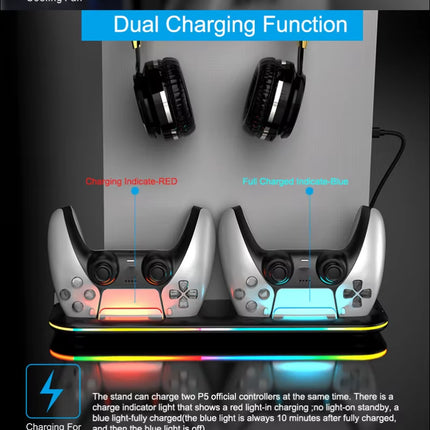 PS5 Game Console Multi-Function RGB Light Cooling Fan Base Disc Holder Dual Controller Charger - Gaming Accessory