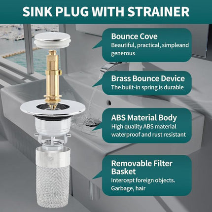 Sink Drain Strainer Pop-Up Stopper with Removable Stainless Steel Basket Hair Catcher Bathroom for Replacement