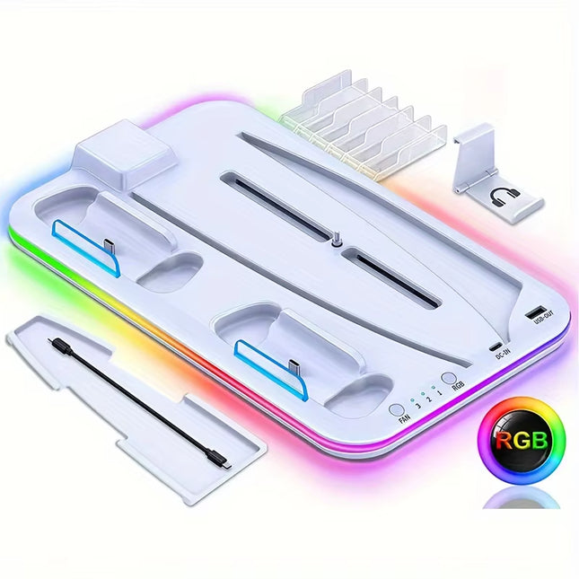 PS5 Game Console Multi-Function RGB Light Cooling Fan Base Disc Holder Dual Controller Charger - Gaming Accessory